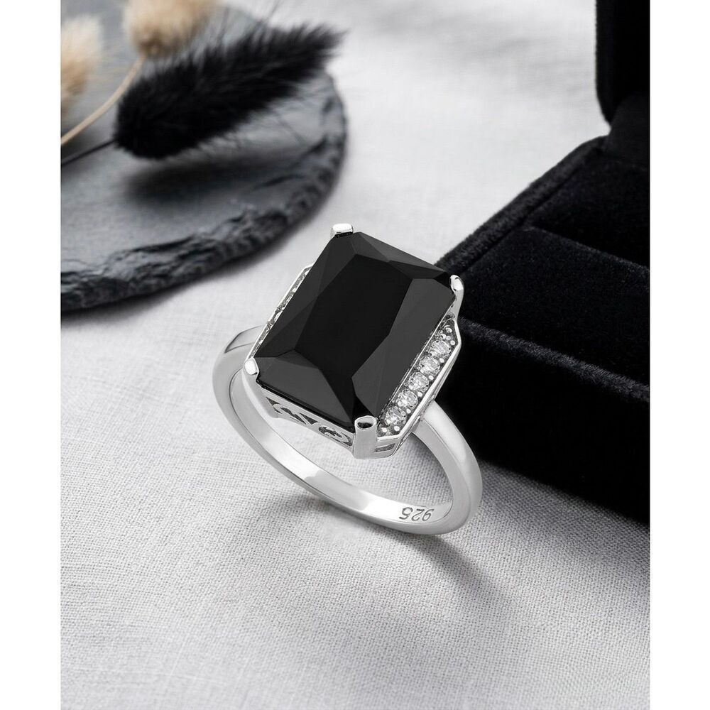 Sterling Silver Black Onyx Radiant Cut CZ Solitaire Ring Size 6 New